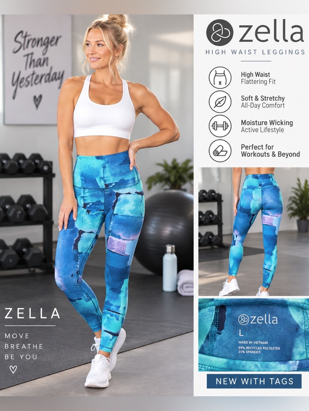 Zella High Waist Leggings Women’s Large Teal Blue Abstract Print NWT